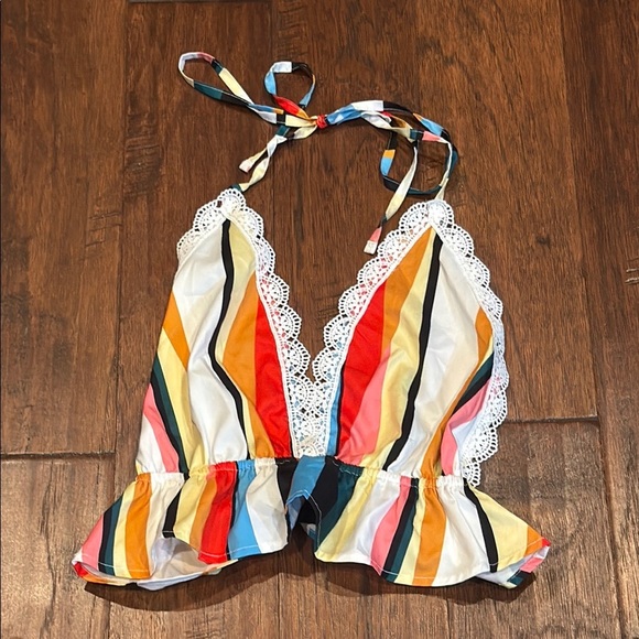 Tops - Y2K TOP! Small Colorful Striped Halter Top Crop Top with Elastic & Lace Trim